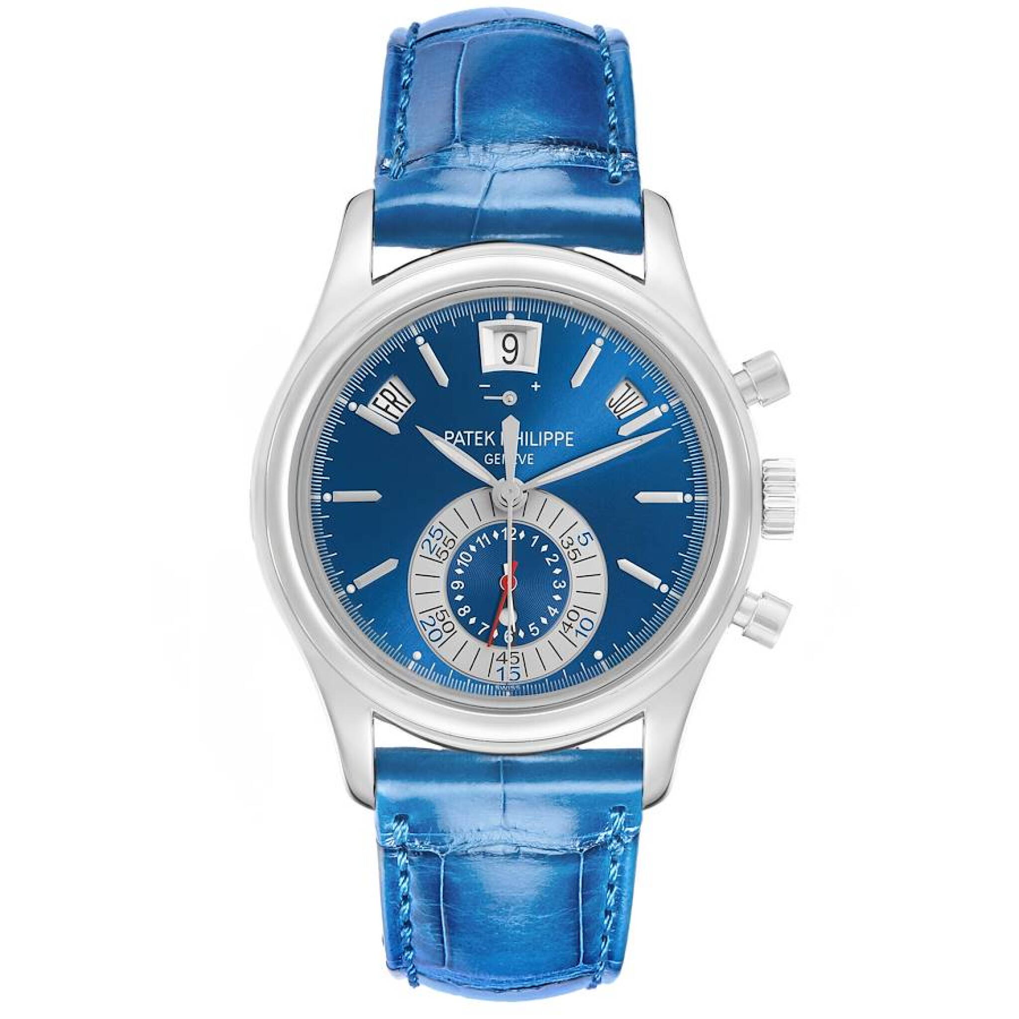 Complications (Reference 5960P-015). A 40.5mm platinum automatic wristwatch with date, day, month, chronograph, dual time, day/night indicator, and annual calendar. 2011  — view 1