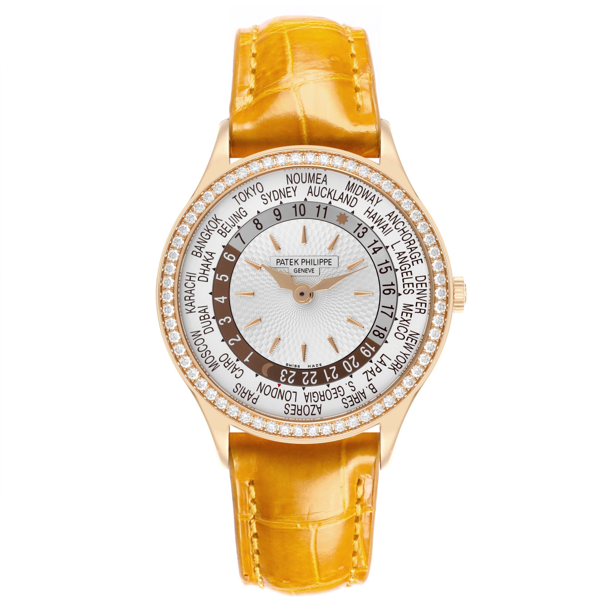 Complications (Reference 7130R-013). A 36mm rose gold diamond-set automatic wristwatch with world time. 2019 — view 1
