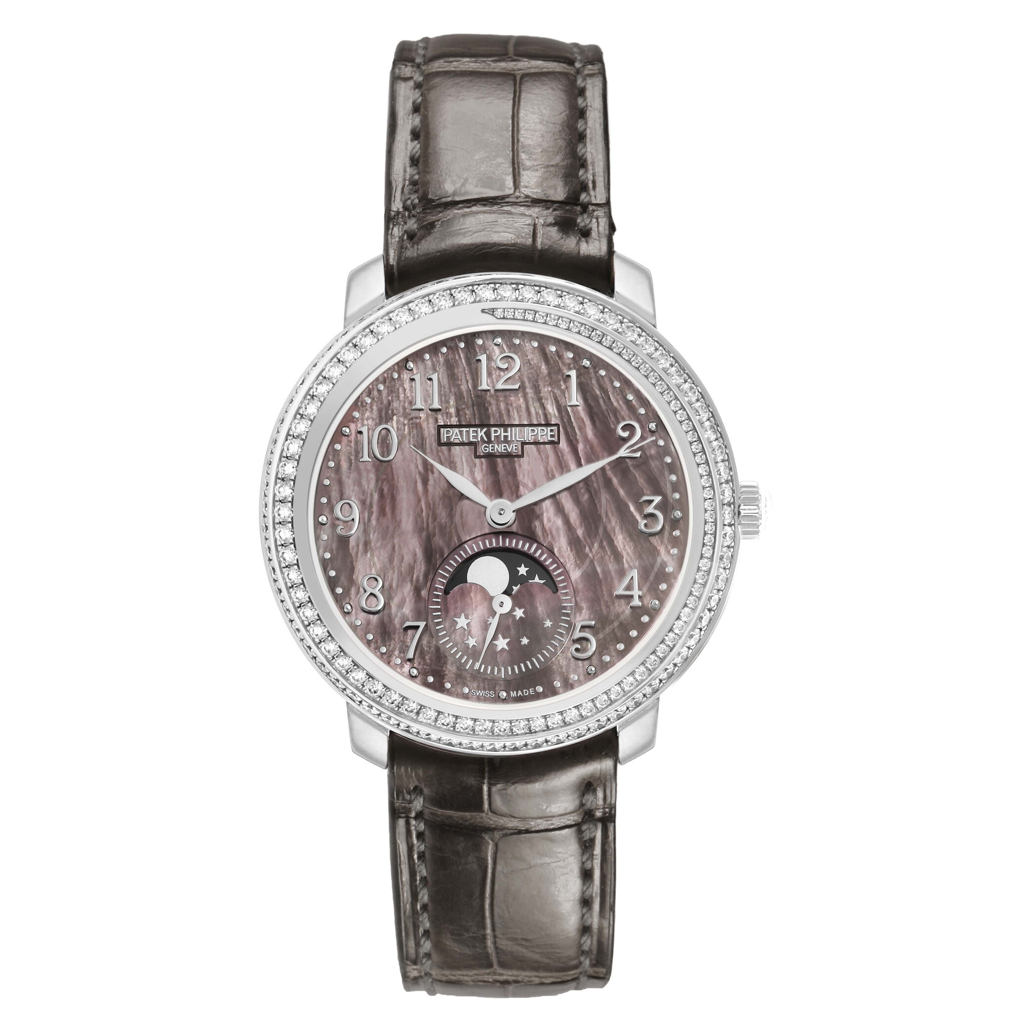 Complications (Reference 4968G). A 33.3mm white gold diamond-set manual wind wristwatch with moonphase. — view 1