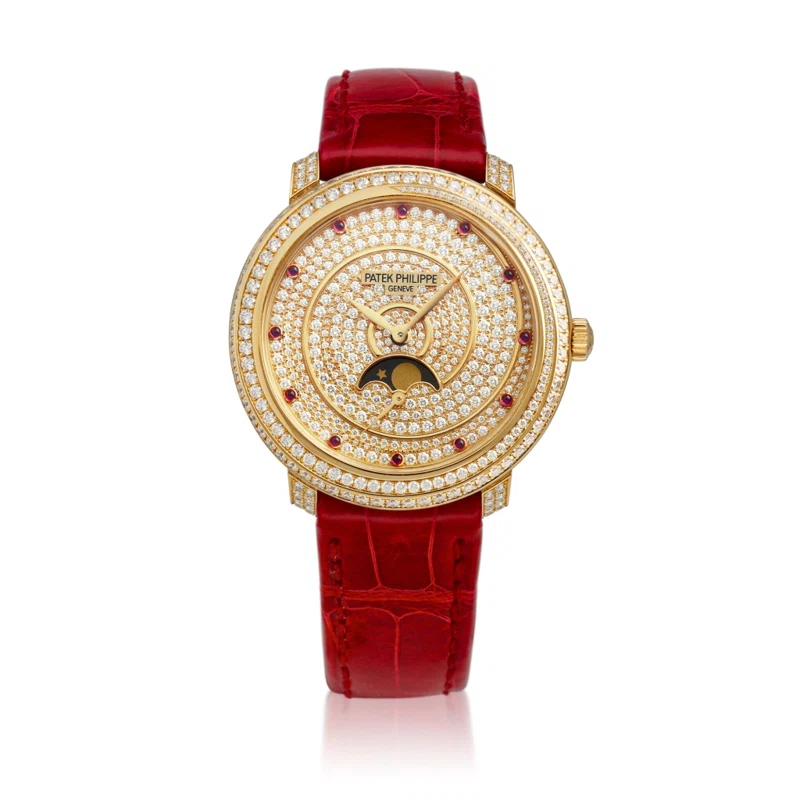 Diamond Ribbon Joaillerie (Reference 4968/400). A 33mm rose gold diamond ruby-set mechanical wristwatch with moon phase. 2016