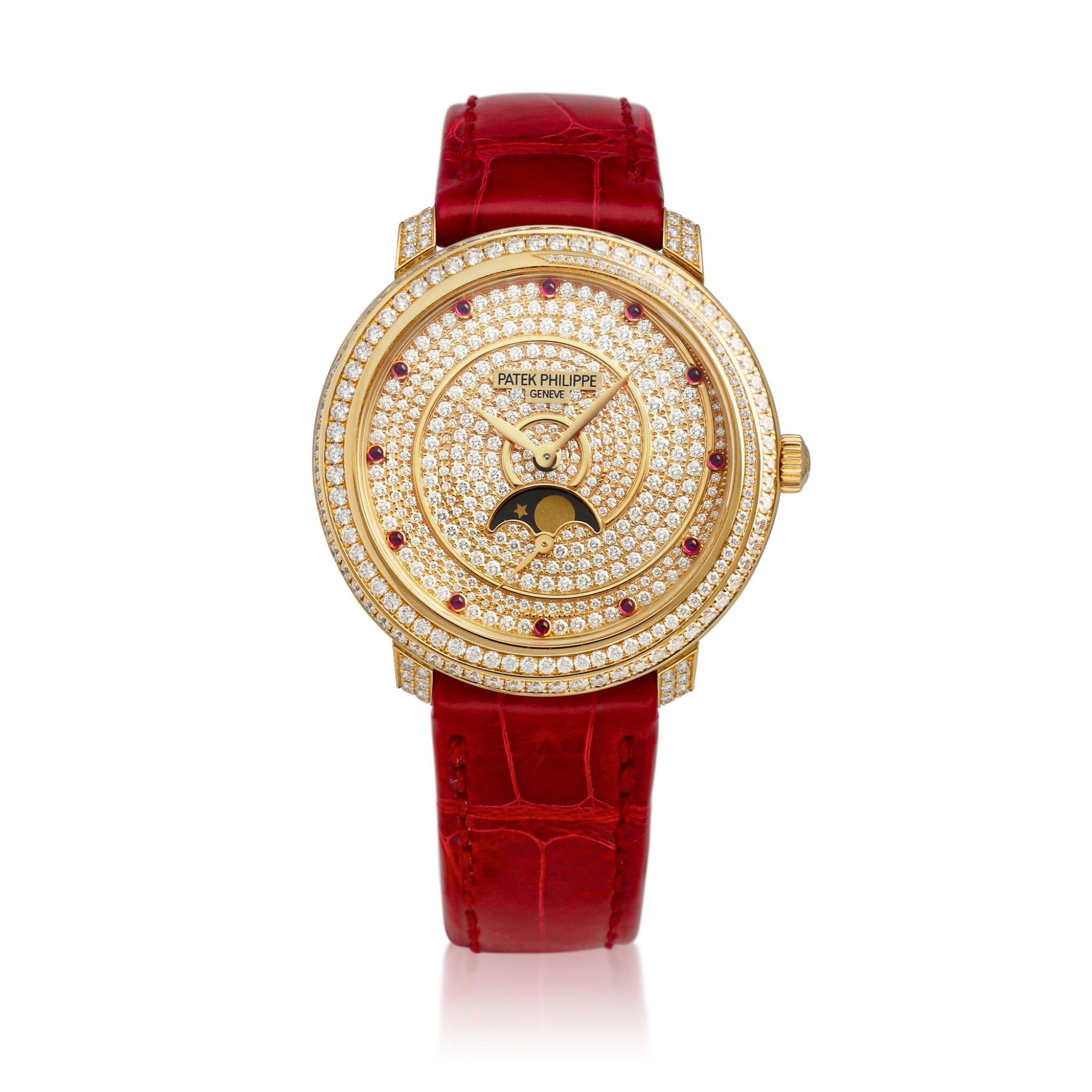 Diamond Ribbon Joaillerie (Reference 4968/400). A 33mm rose gold diamond ruby-set mechanical wristwatch with moon phase. 2016 — view 1