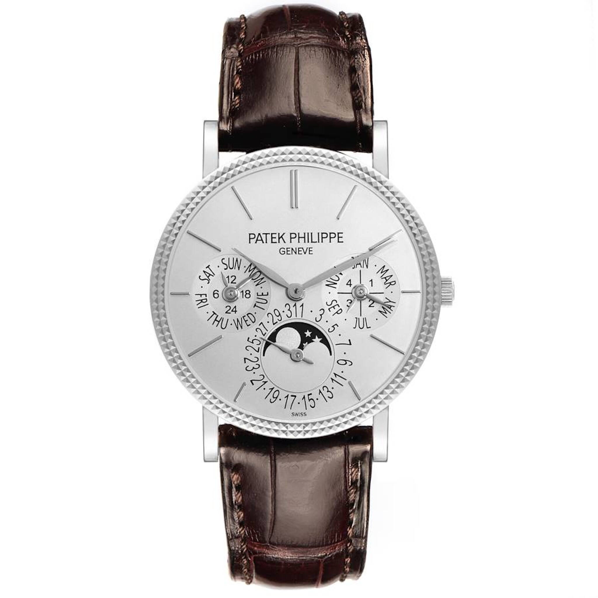 Grand Complication (Reference 5139G-001). A 38mm white gold automatic wristwatch with day, date, month, moon phase, leap year, and perpetual calendar. — view 1