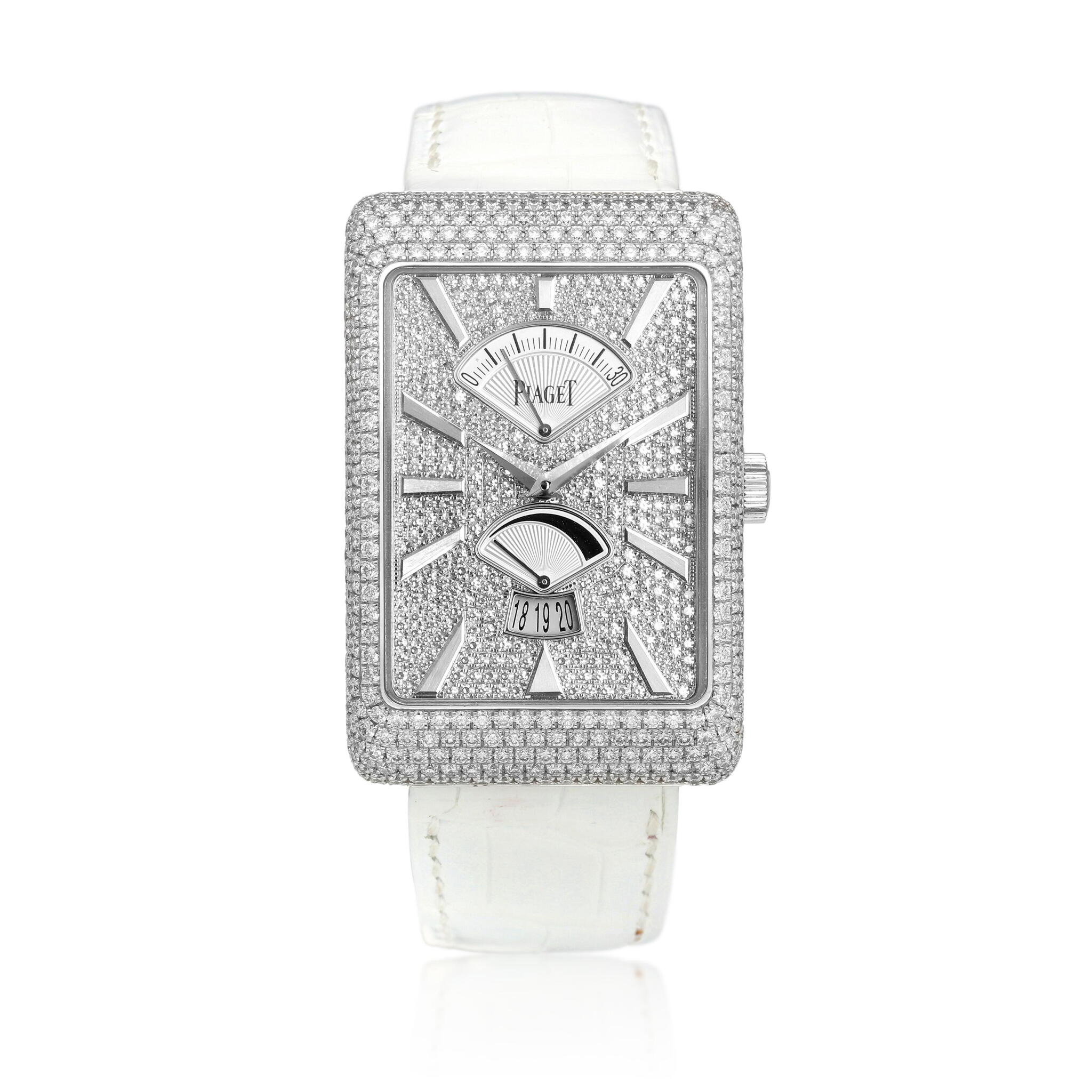Black Tie (Reference G0A33060). A white gold and diamond-set wristwatch with date, retrograde seconds and power reserve indication. circa 2010  — view 1