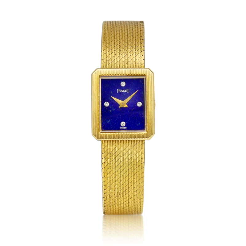 Protocole (Reference 4154B12). A 22.5mm yellow gold and diamond-set mechanical bracelet watch with lapis lazuli dial. 1980