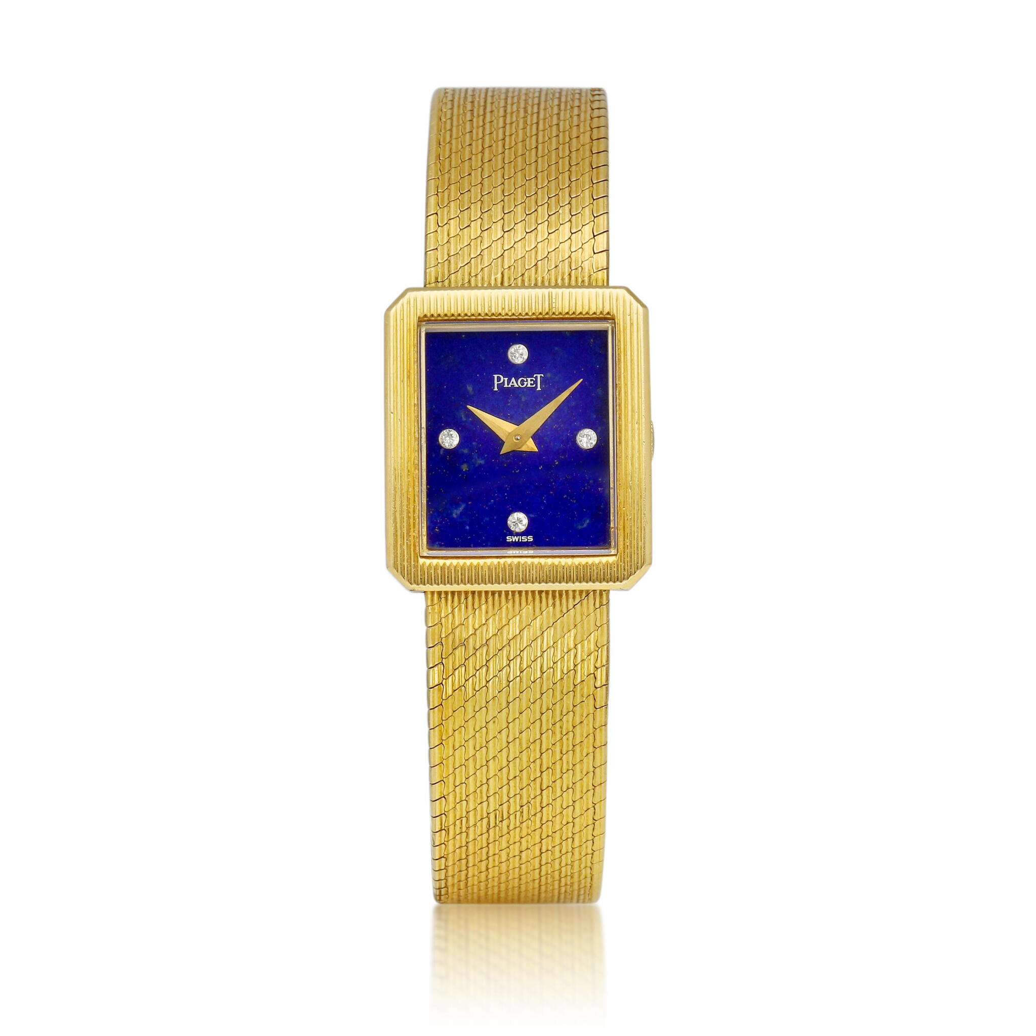 Protocole (Reference 4154B12). A 22.5mm yellow gold and diamond-set mechanical bracelet watch with lapis lazuli dial. 1980 — view 1