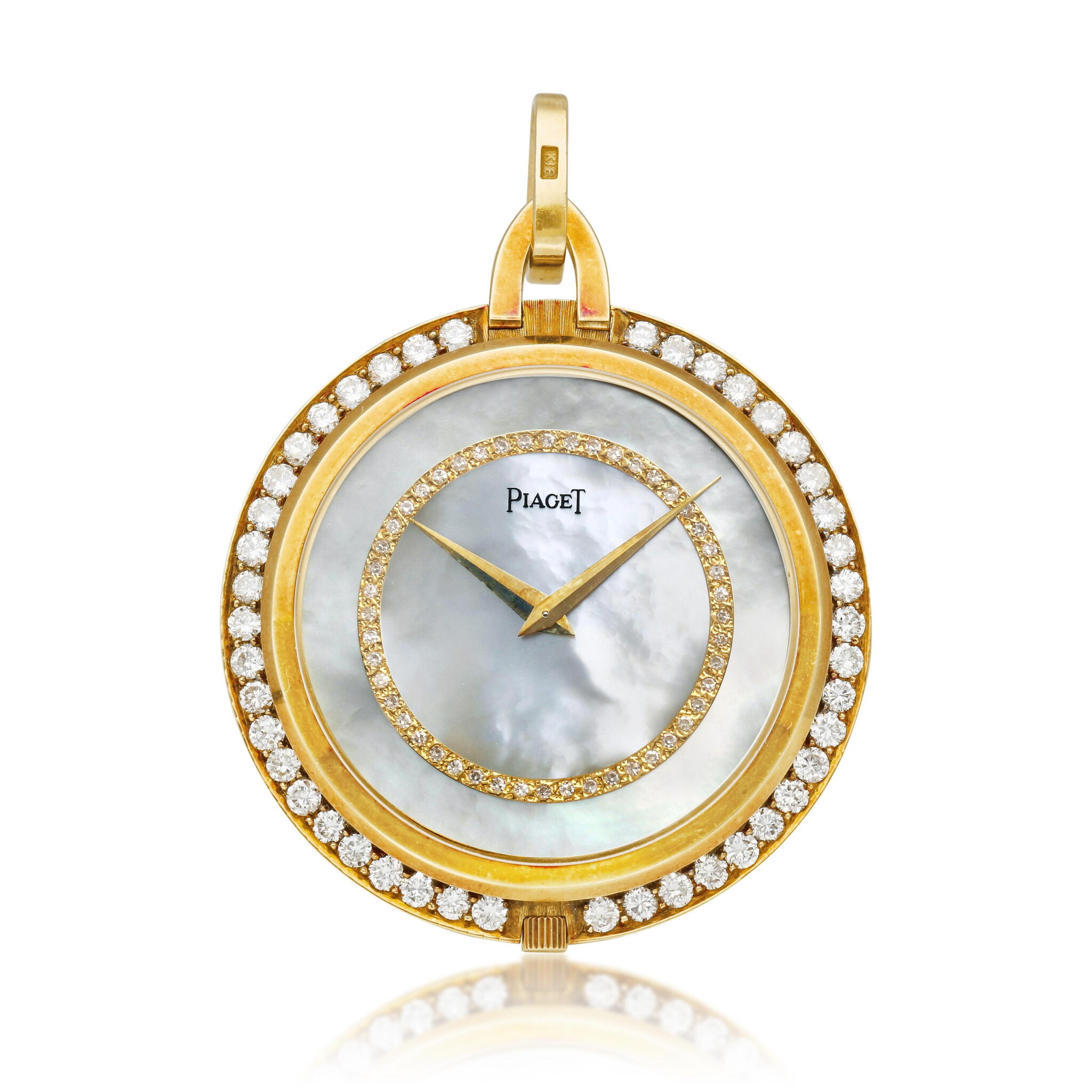Piaget. A yellow gold and diamond-set open face manual wind watch with mother-of-pearl dial. Circa 1970 — view 1