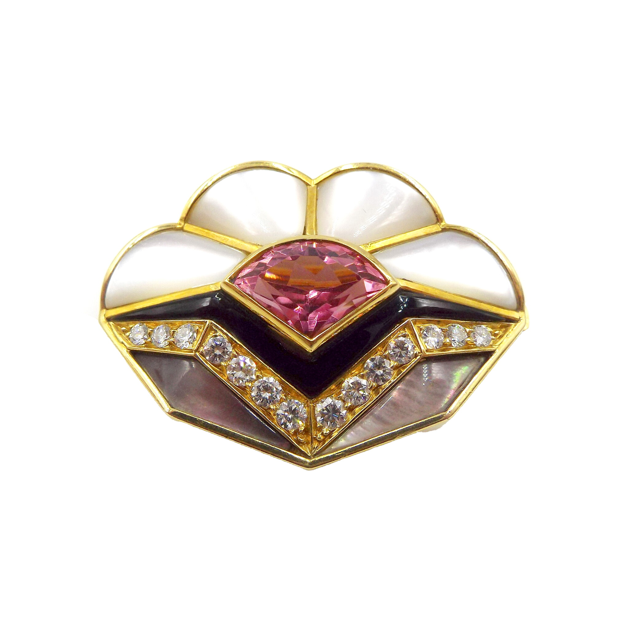 Gold, Pink Tourmaline, Mother of Pearl, Black Lacquer and Diamond Brooch  — view 1