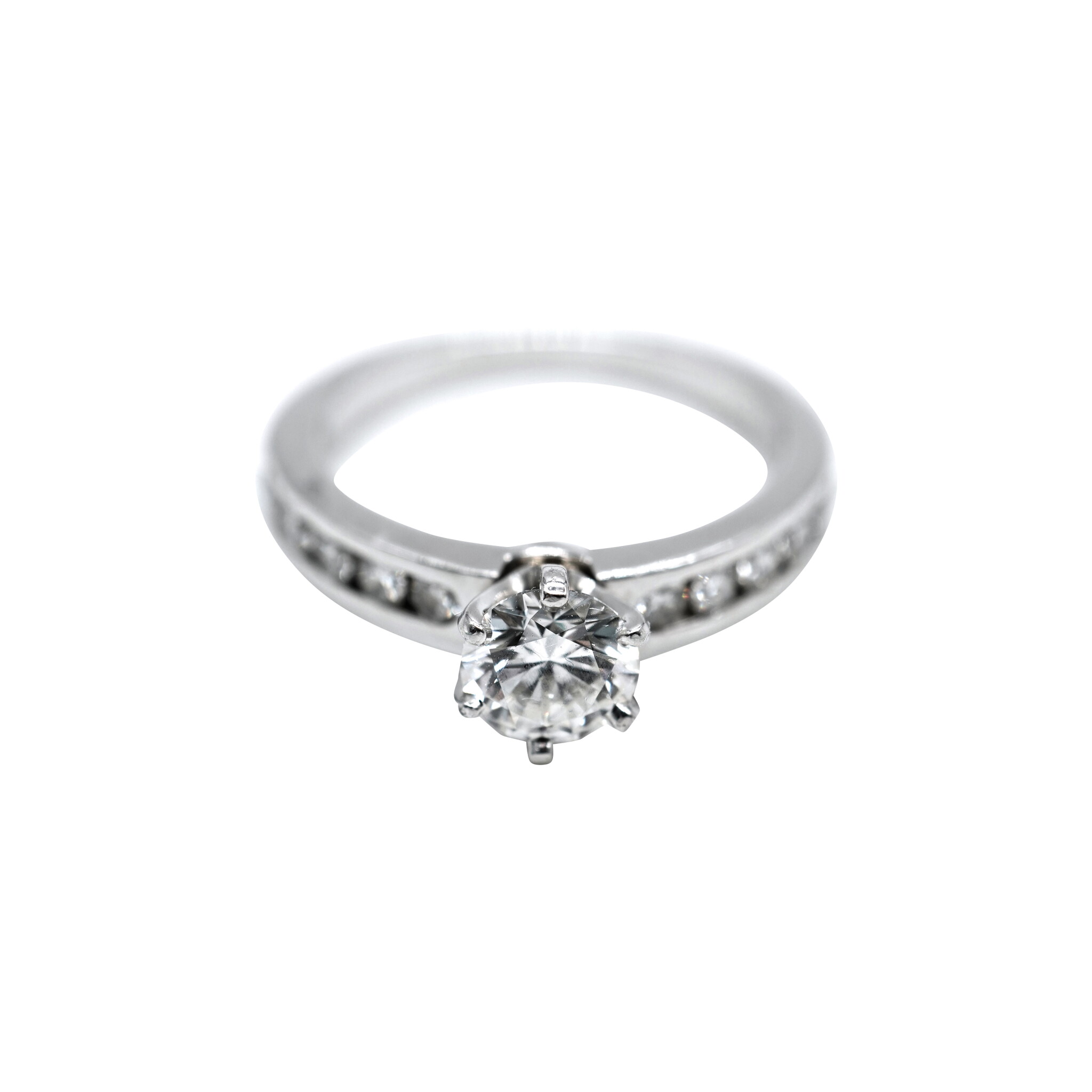 Platinum, 0.70ct Round Brilliant Cut Diamond and Diamond Engagement Ring — view 1