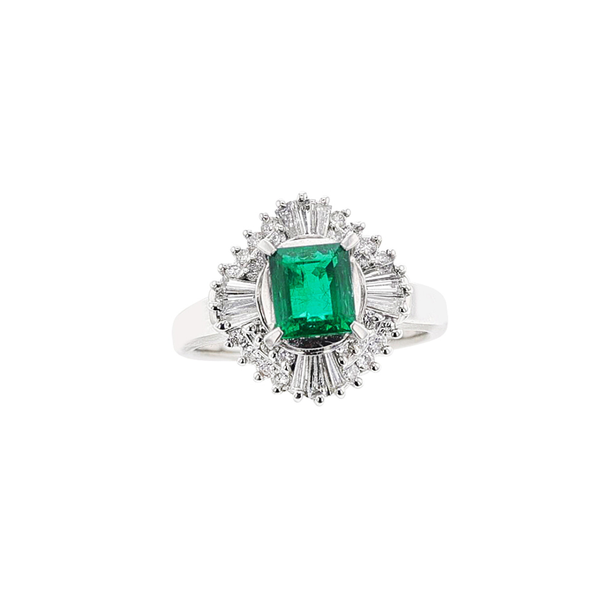 Platinum, 1.00ct Emerald and Diamond Ballerina Ring — view 1