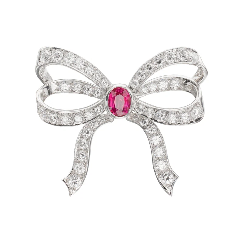 Platinum, 1.25ct Burmese Ruby and Diamond Bow Brooch