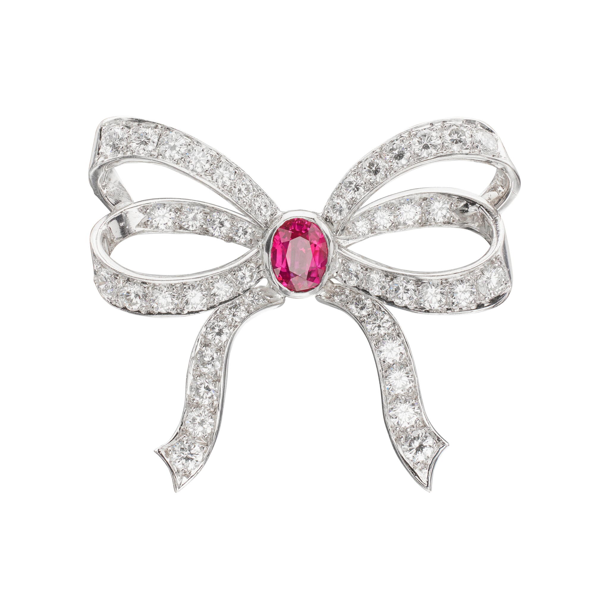 Platinum, 1.25ct Burmese Ruby and Diamond Bow Brooch — view 1