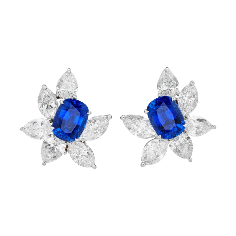 Platinum, 10.79ctw Ceylon Royal Blue Sapphire and Diamond Cluster Earclips