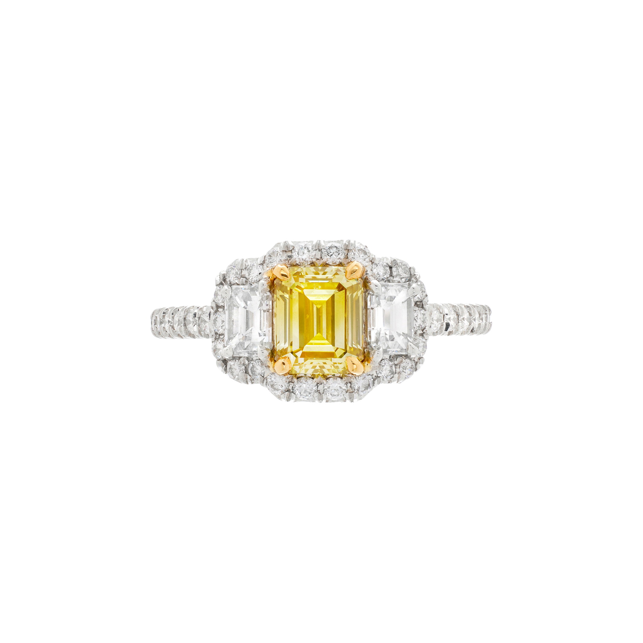 Platinum, 1.01ct Emerald Cut Fancy Intense Yellow Diamond and Diamond Ring — view 1