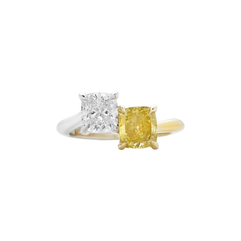 Platinum, Gold, 1.02ct Cushion Cut Fancy Deep Yellow Diamond and 1.01ct Cushion Cut Diamond Toi et Moi Ring