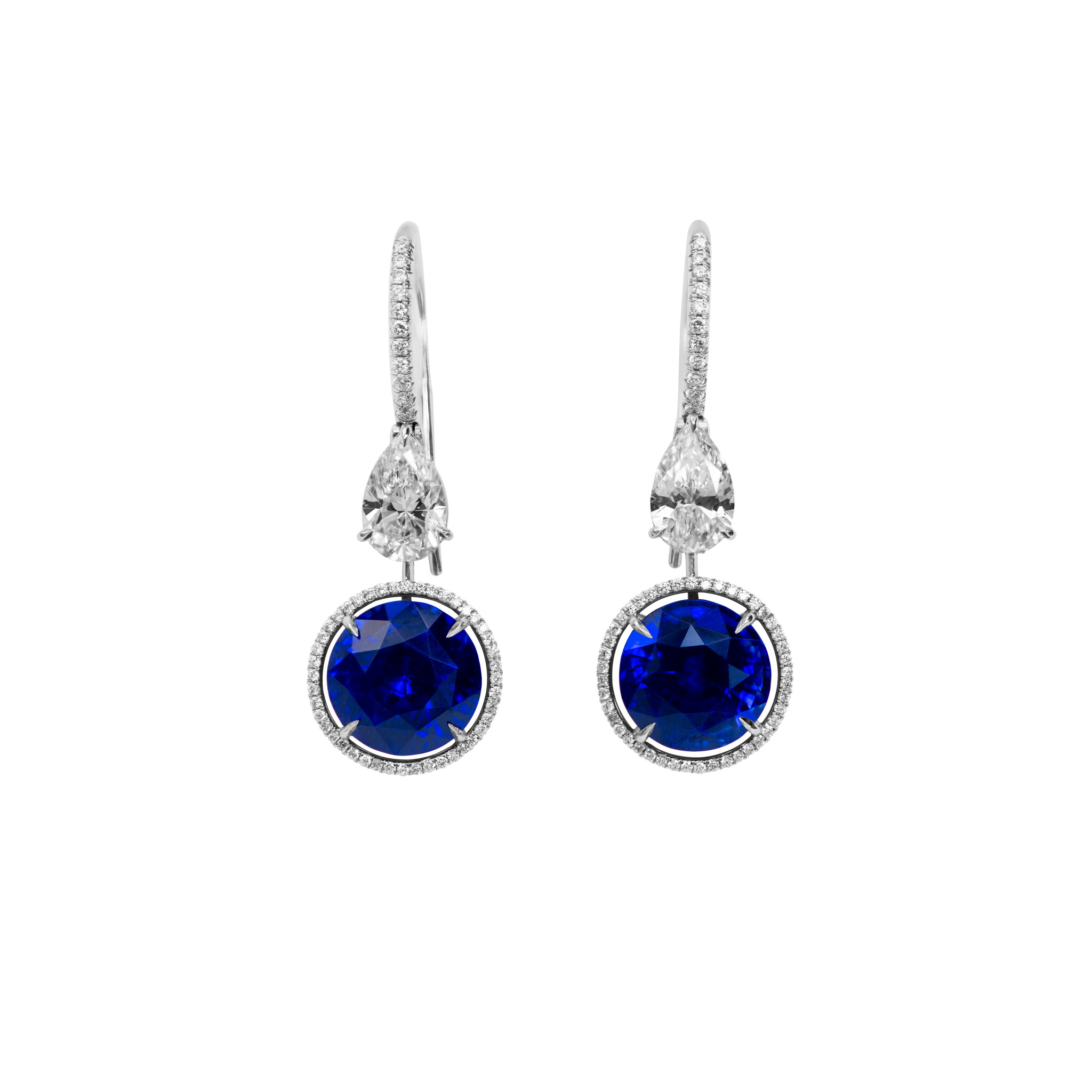 Platinum, 11.98cts Ceylon Sapphire and Diamond Drop Earrings — view 1