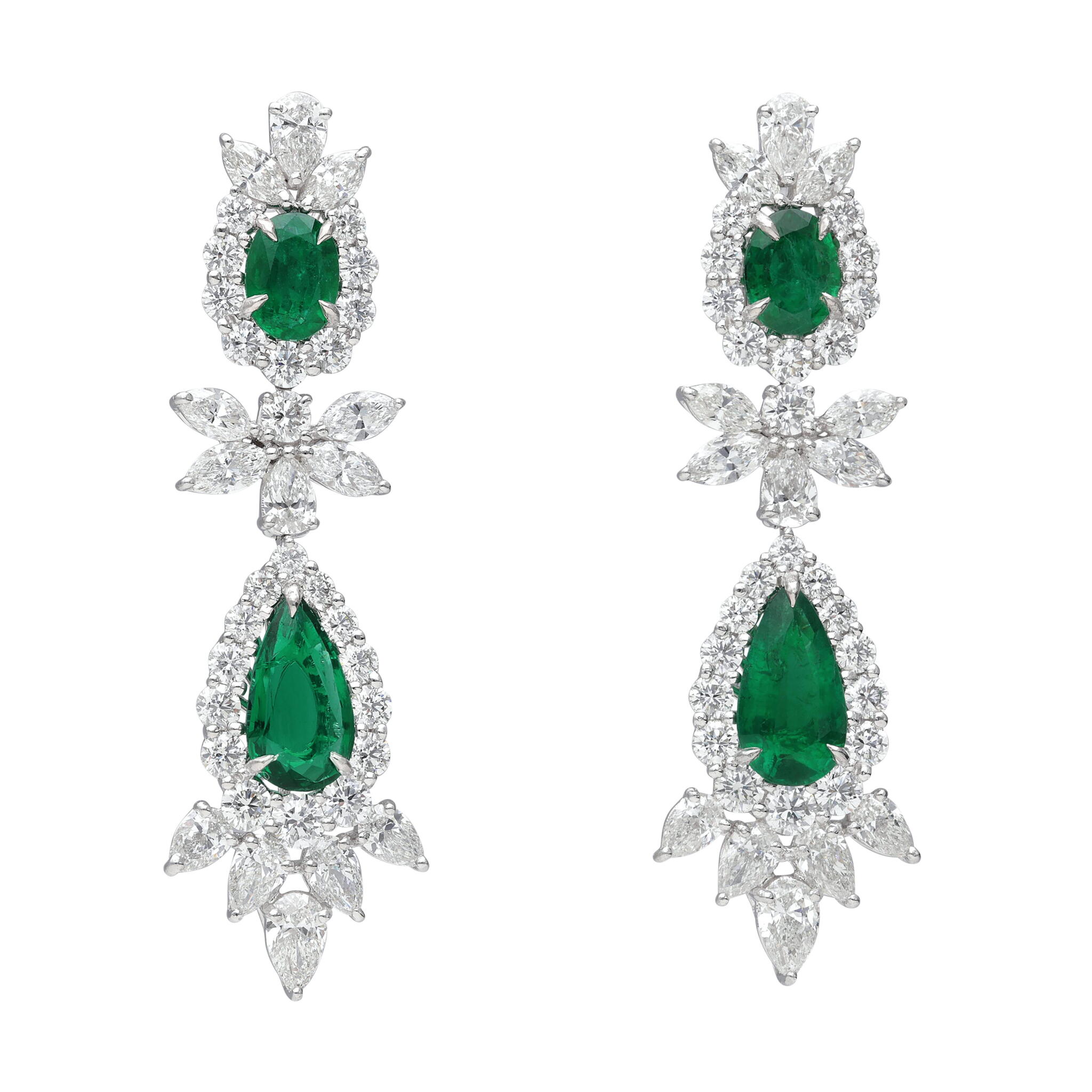 Platinum, 12.36ctw Zambian Emerald and Diamond Earrings — view 1