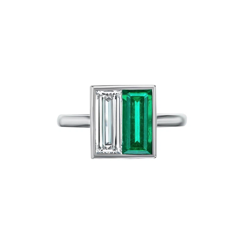 Platinum, 1.20ct Colombian Emerald and 1.02ct Emerald Cut Diamond Toi et Moi Ring