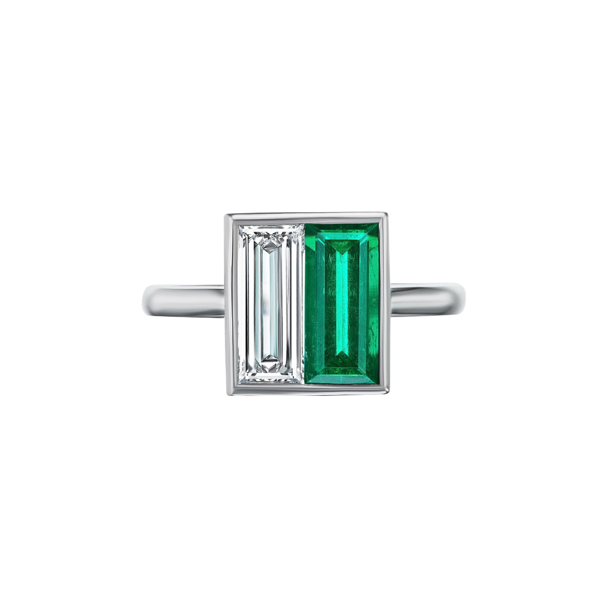 Platinum, 1.20ct Colombian Emerald and 1.02ct Emerald Cut Diamond Toi et Moi Ring — view 1