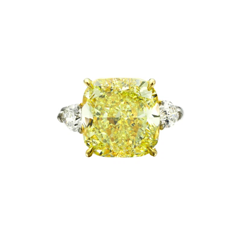 Platinum, 13.05ct Cushion Cut Fancy Yellow Diamond and Diamond Ring