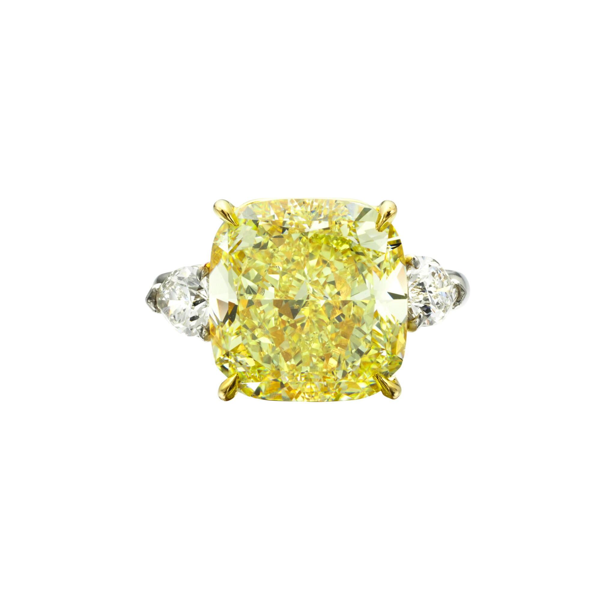 Platinum, 13.05ct Cushion Cut Fancy Yellow Diamond and Diamond Ring — view 1