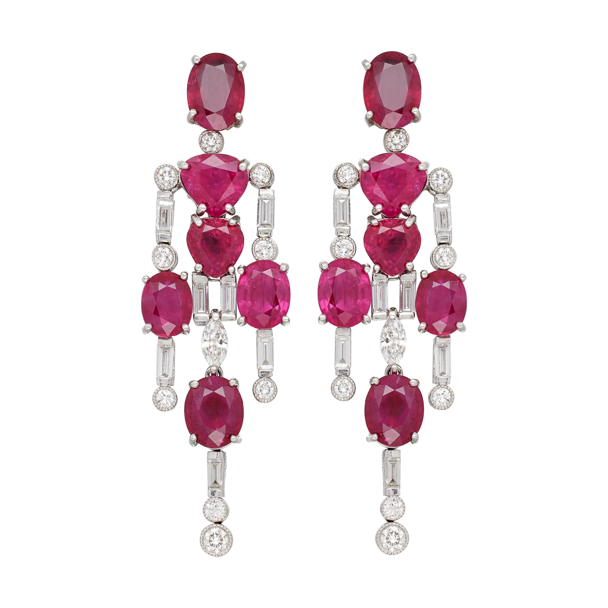 Platinum, 13.88ctw Burmese Ruby and Diamond Earrings — view 1