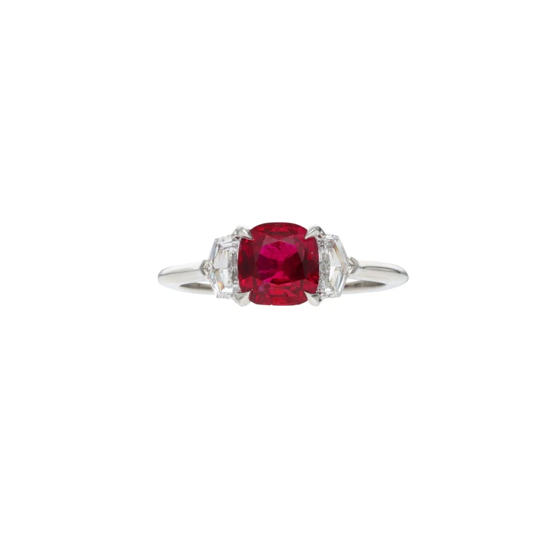 Platinum, 1.41ct Burmese Ruby and Diamond Three Stone Ring