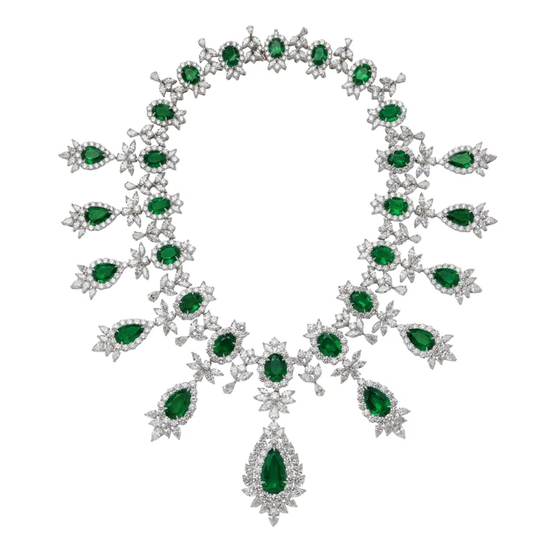 Platinum, 144.07ctw Zambian Emerald and Diamond Necklace