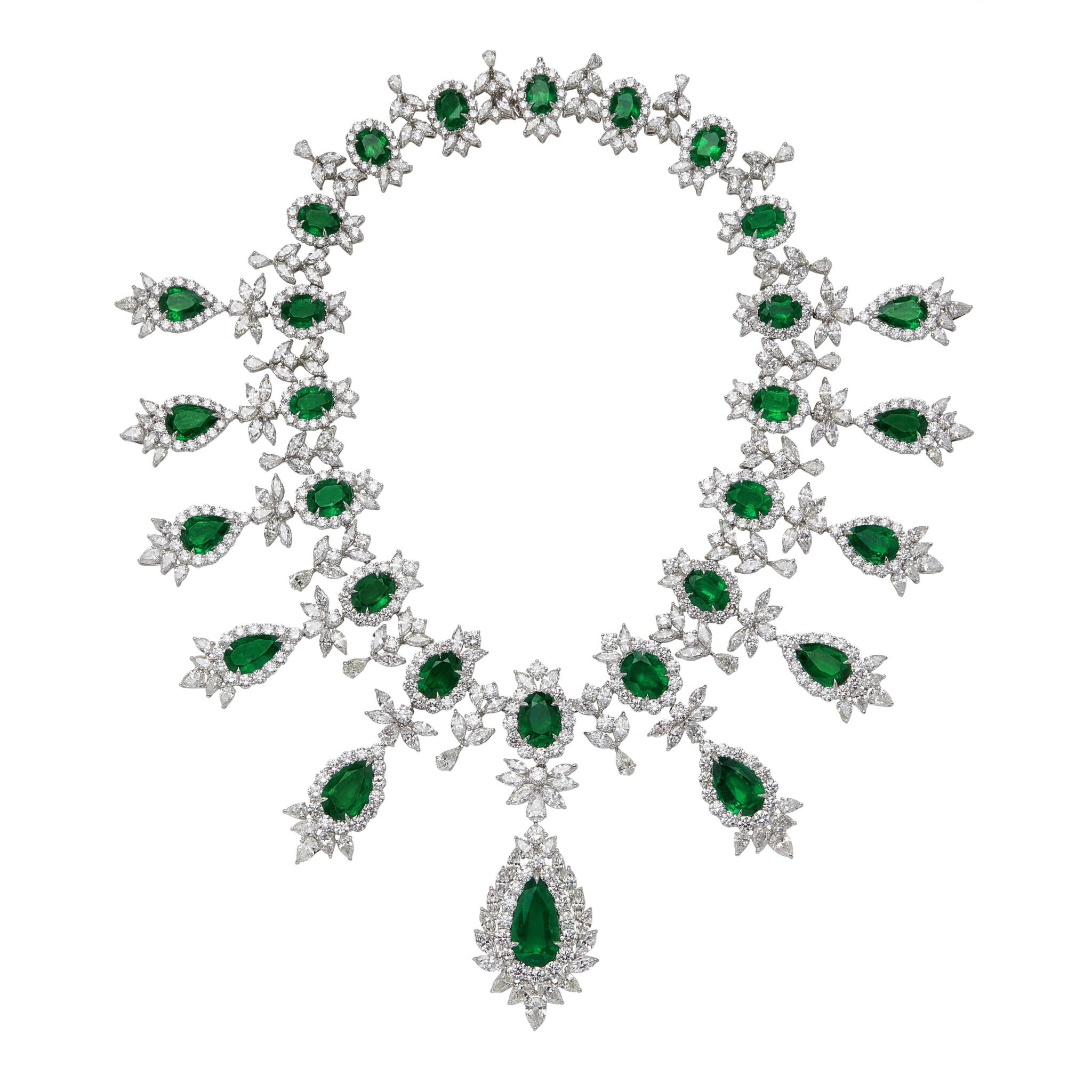 Platinum, 144.07ctw Zambian Emerald and Diamond Necklace — view 1