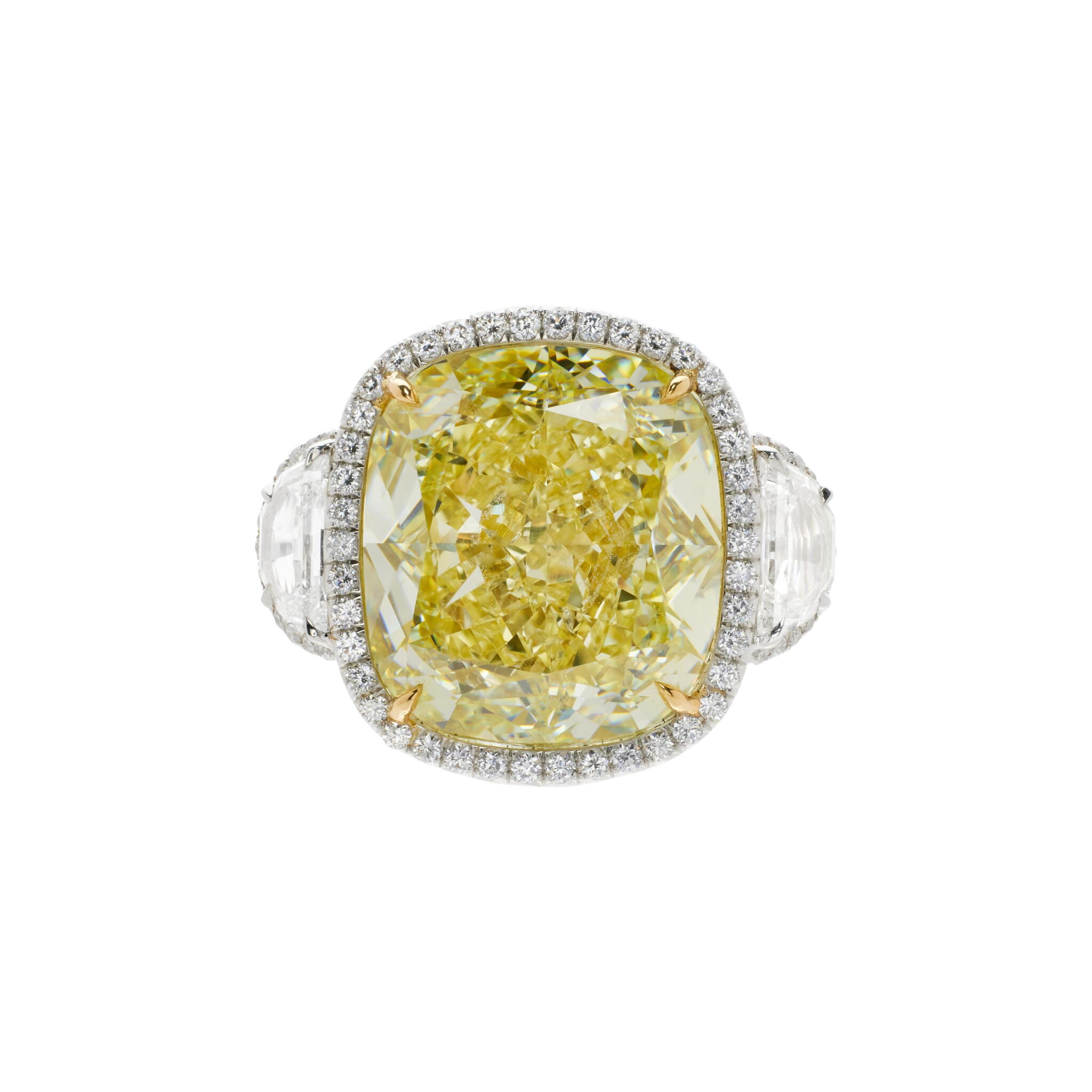 Platinum, Gold, 16.06ct Cushion Cut Fancy Yellow Diamond and Diamond Ring — view 1