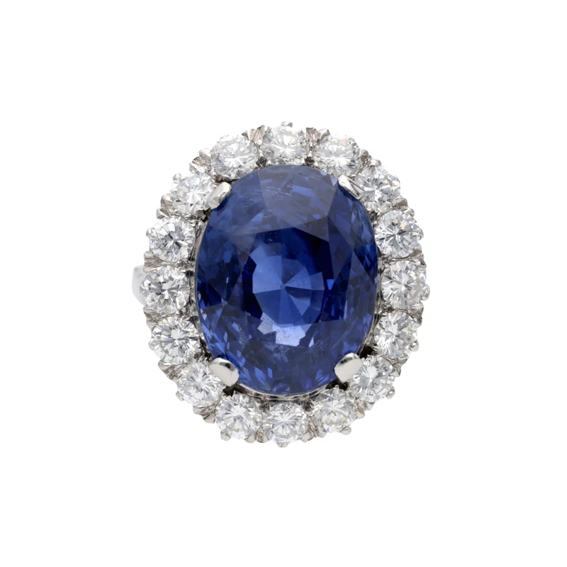 Platinum, 18.02ct Ceylon Sapphire and Diamond Halo Ring