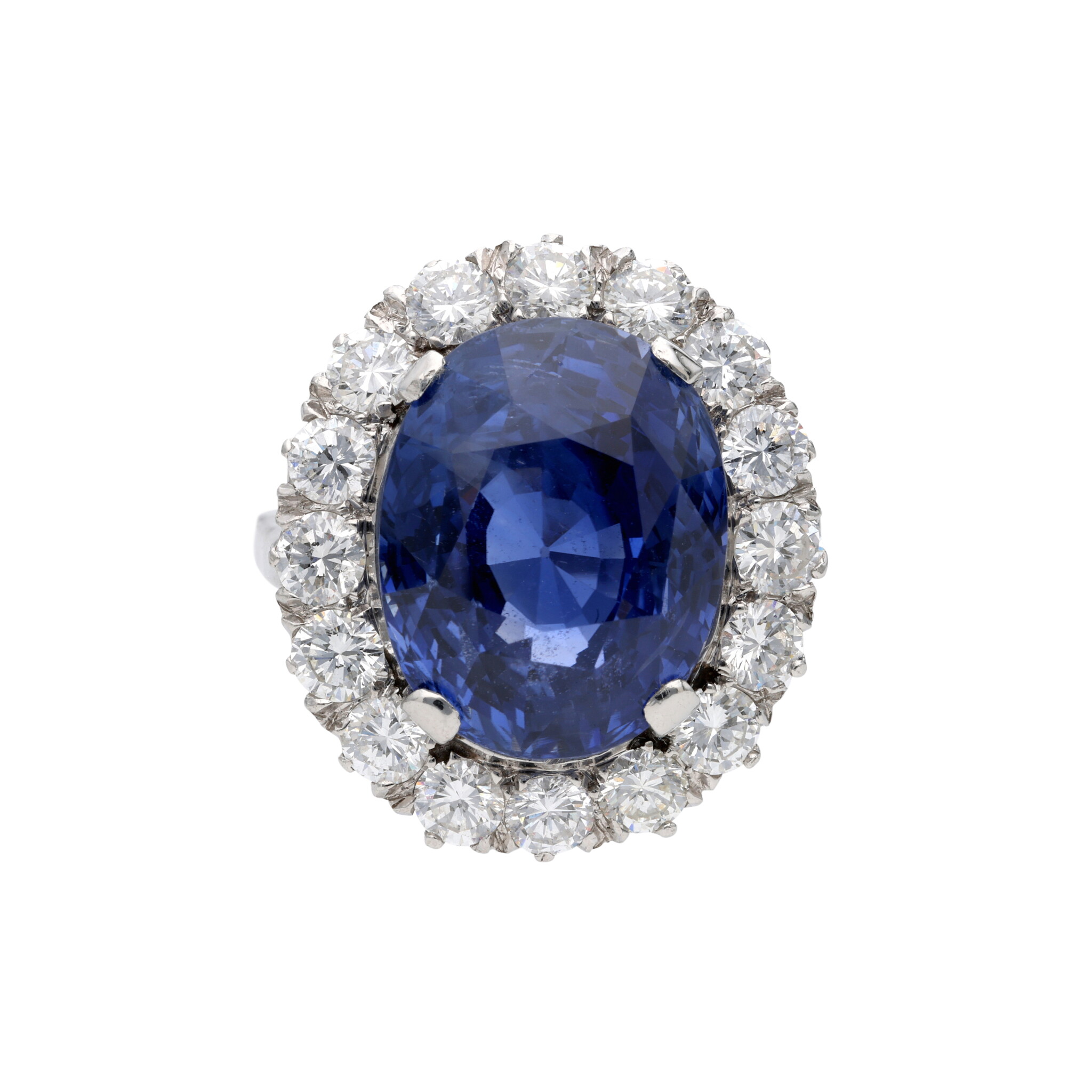 Platinum, 18.02ct Ceylon Sapphire and Diamond Halo Ring — view 1