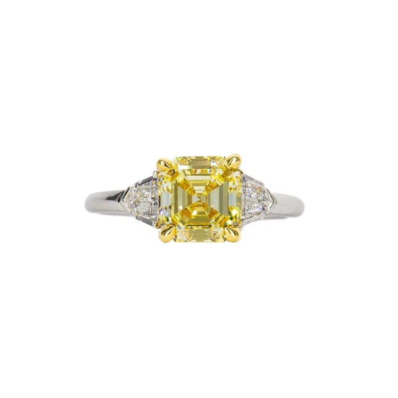 Platinum, 1.94ct Asscher Cut Fancy Yellow Diamond and Diamond Engagement Ring