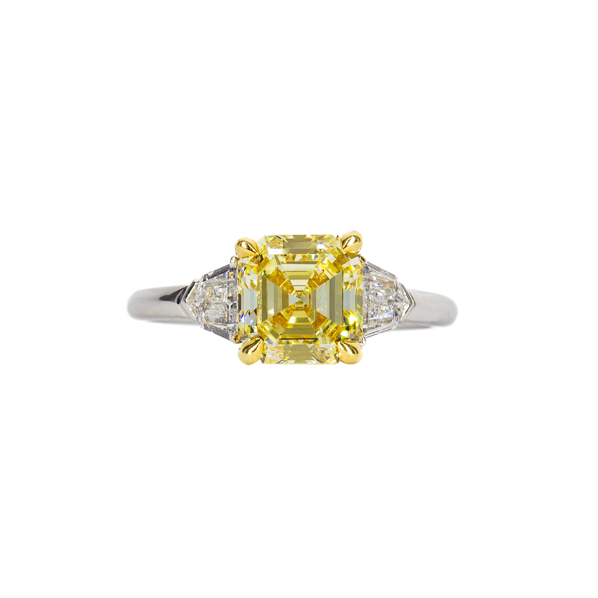 Platinum, 1.94ct Asscher Cut Fancy Yellow Diamond and Diamond Engagement Ring — view 1
