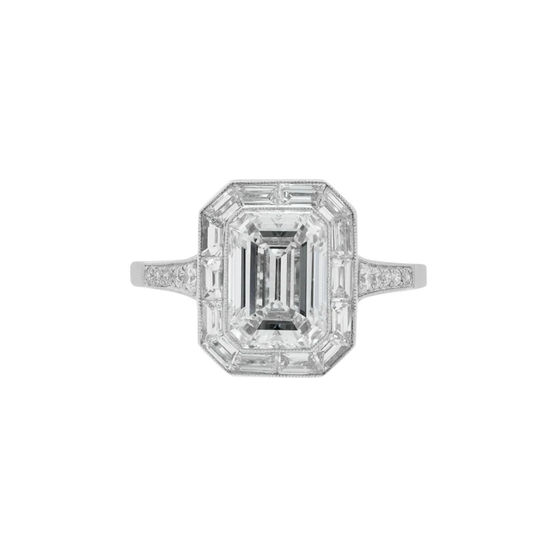 Platinum, 2.01ct Emerald Cut Diamond and Diamond Engagement Ring