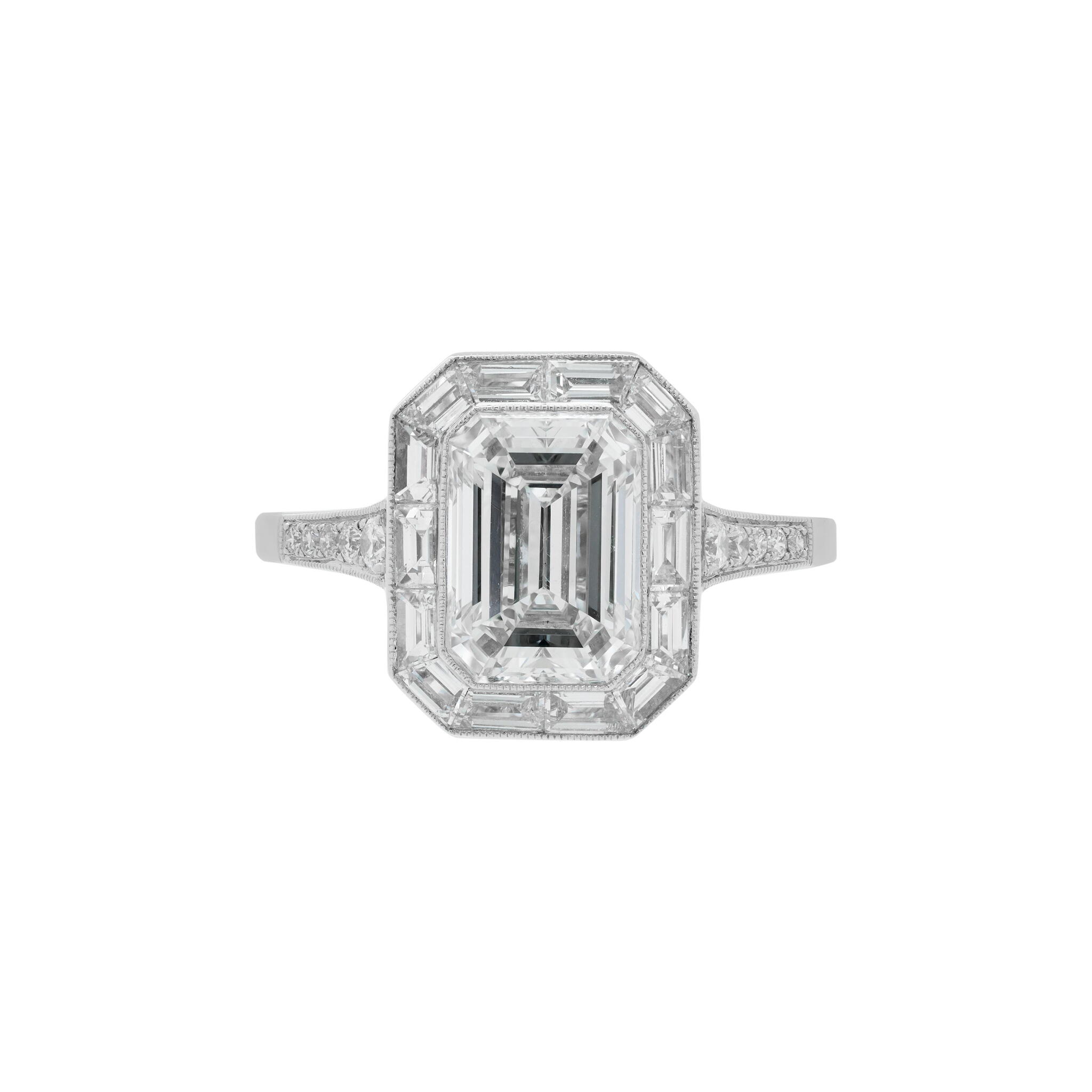 Platinum, 2.01ct Emerald Cut Diamond and Diamond Engagement Ring — view 1
