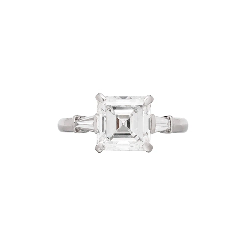 Platinum, 2.85ct Square Emerald Cut Diamond and Diamond Engagement Ring