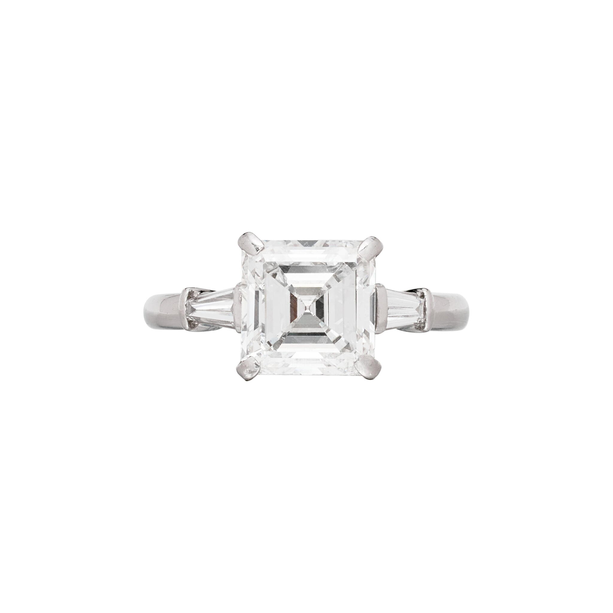Platinum, 2.85ct Square Emerald Cut Diamond and Diamond Engagement Ring — view 1