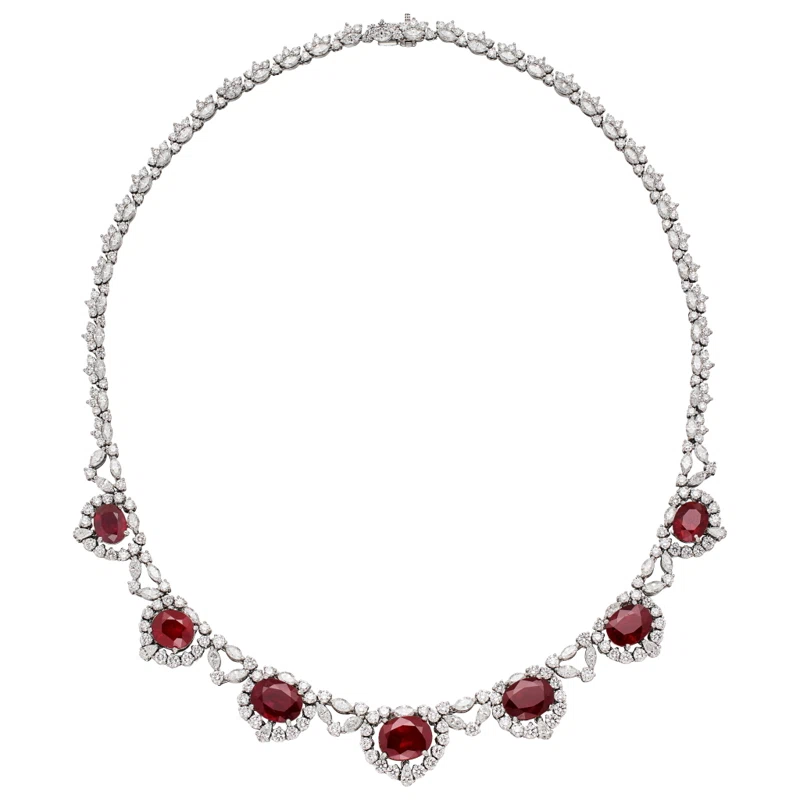 Platinum, 26.55ctw Burmese and Madagascar Ruby and Diamond Necklace