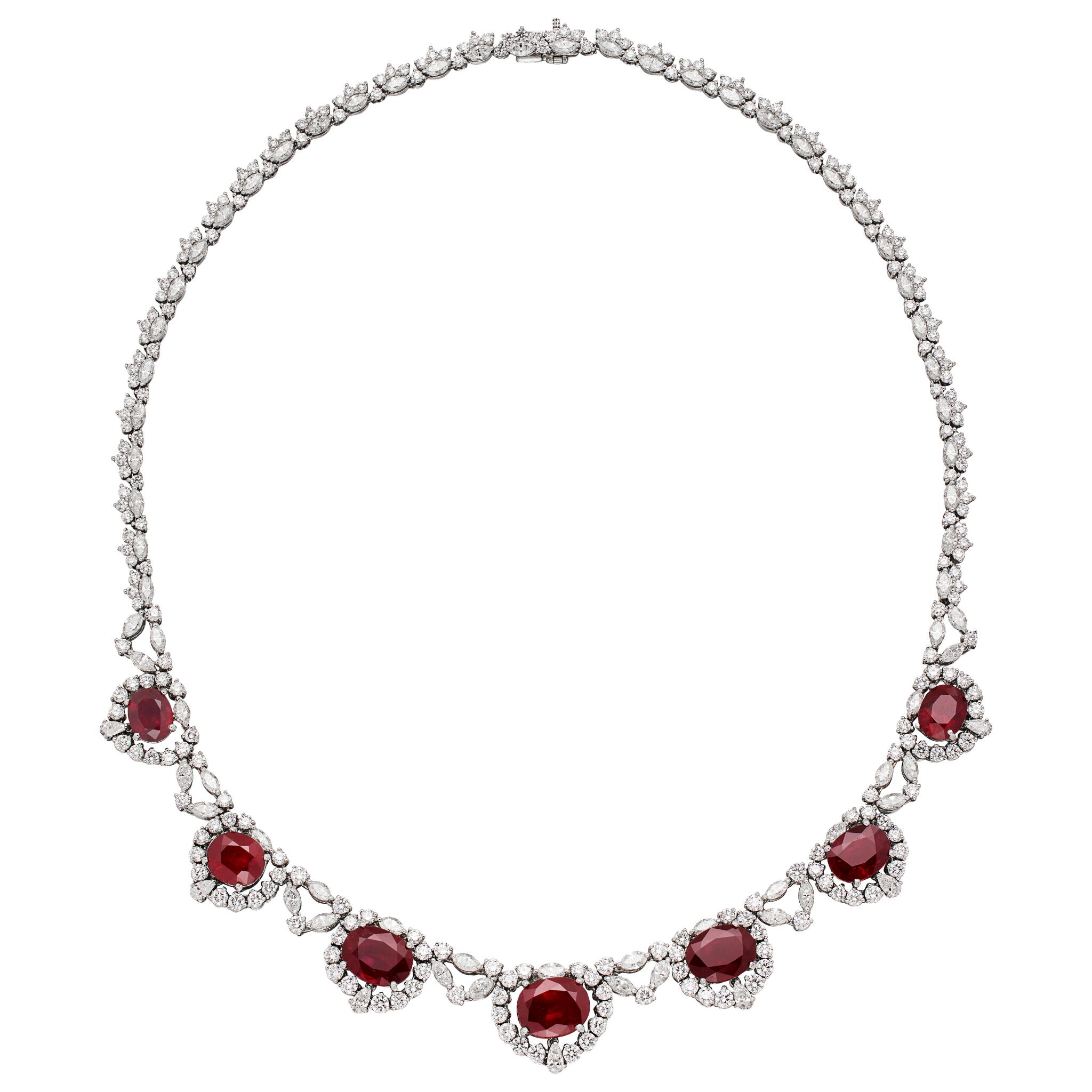 Platinum, 26.55ctw Burmese and Madagascar Ruby and Diamond Necklace — view 1