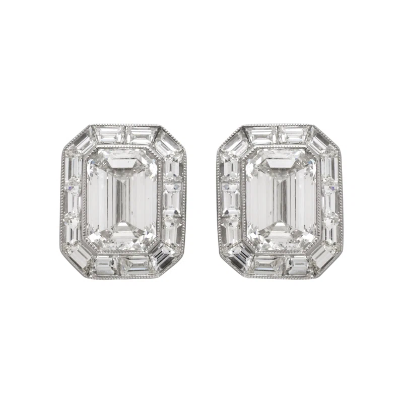Platinum, 3.07ctw Emerald Cut Diamond and Diamond Stud Earrings