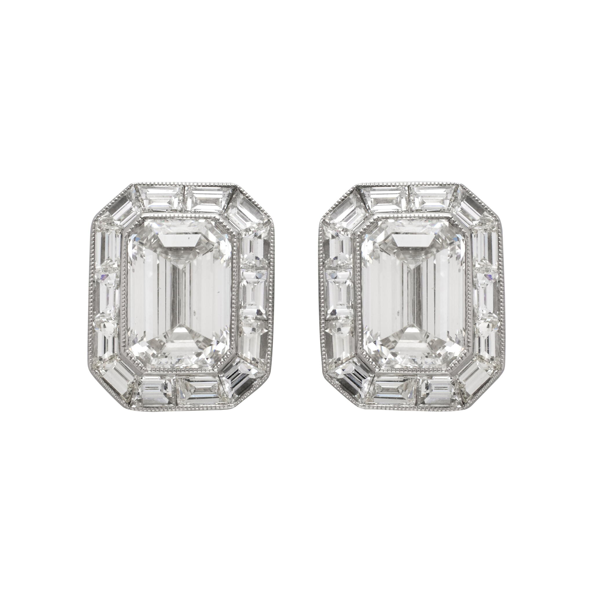 Platinum, 3.07ctw Emerald Cut Diamond and Diamond Stud Earrings — view 1