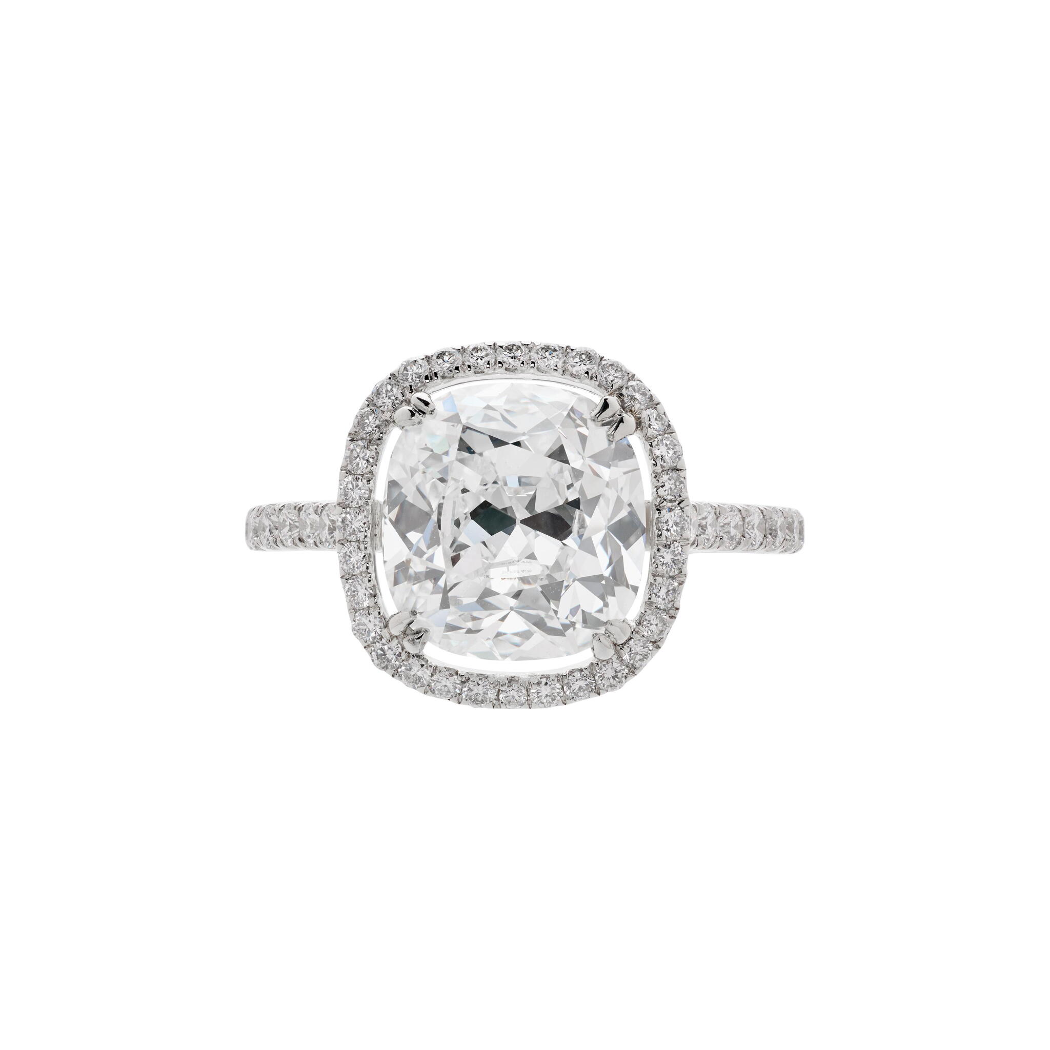 Platinum, 3.35ct Cushion Cut Diamond and Diamond Engagement Ring — view 1