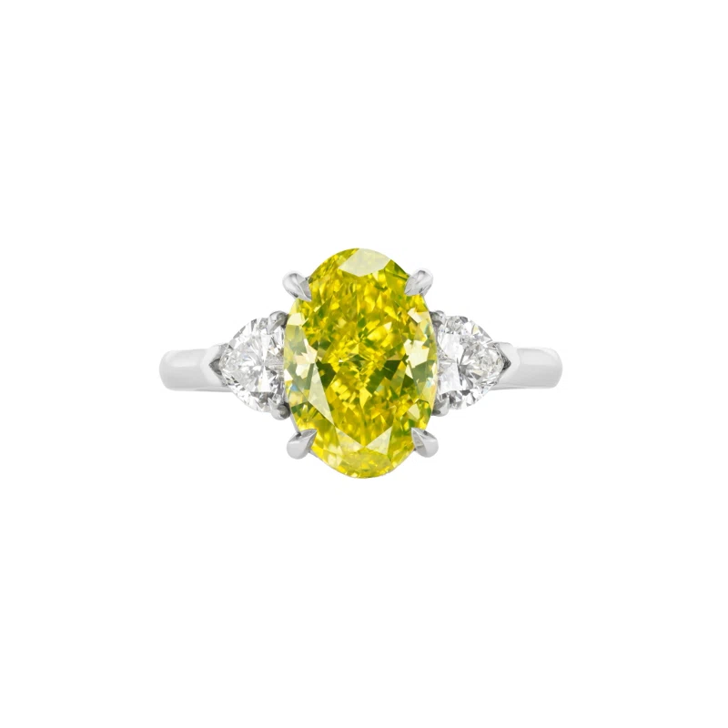 Platinum, 3.00ct Oval Cut Fancy Vivid Greenish Yellow Diamond and Diamond Engagement Ring