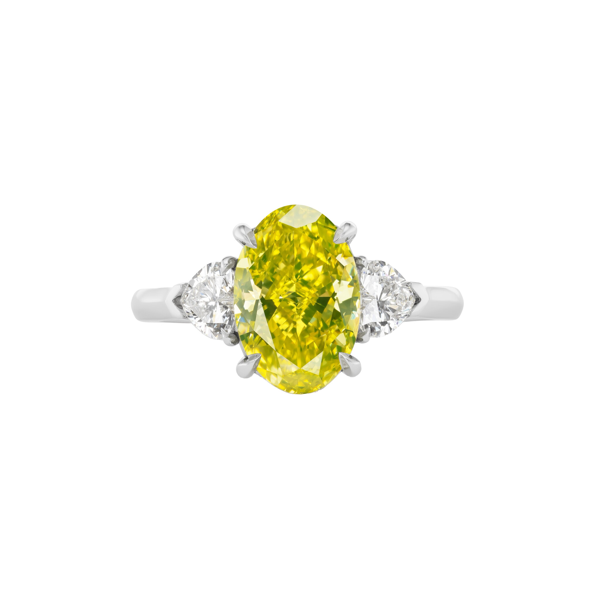Platinum, 3.00ct Oval Cut Fancy Vivid Greenish Yellow Diamond and Diamond Engagement Ring — view 1
