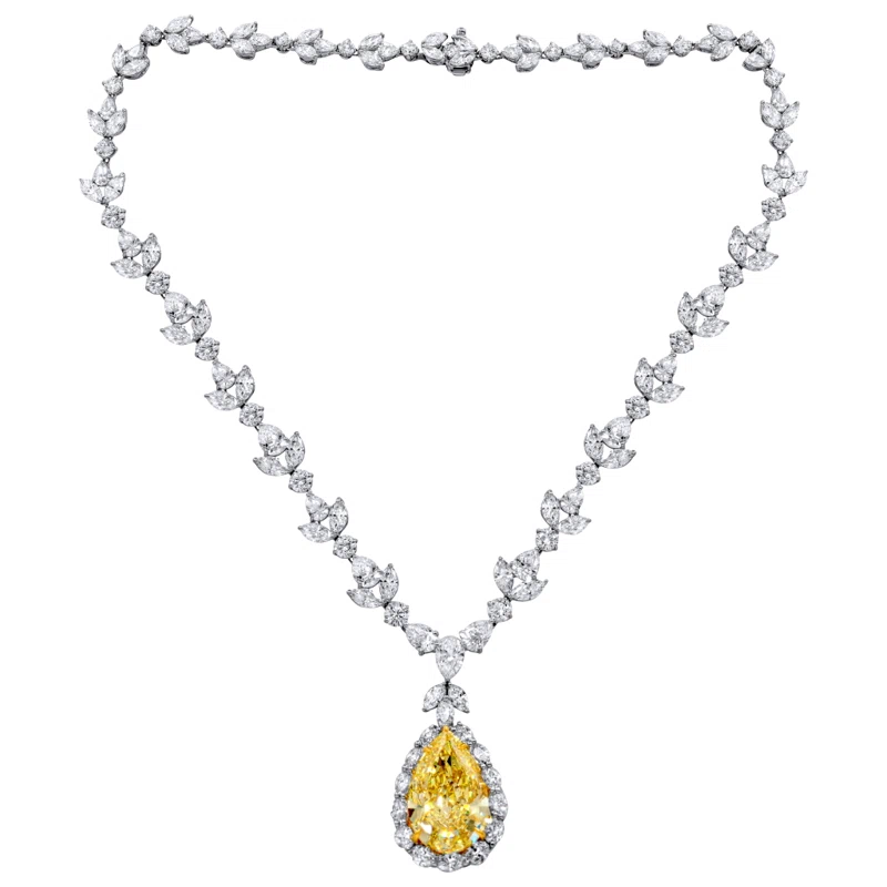 Platinum, 35.31ct Pear Shape Fancy Intense Yellow Diamond and Diamond Pendant Necklace