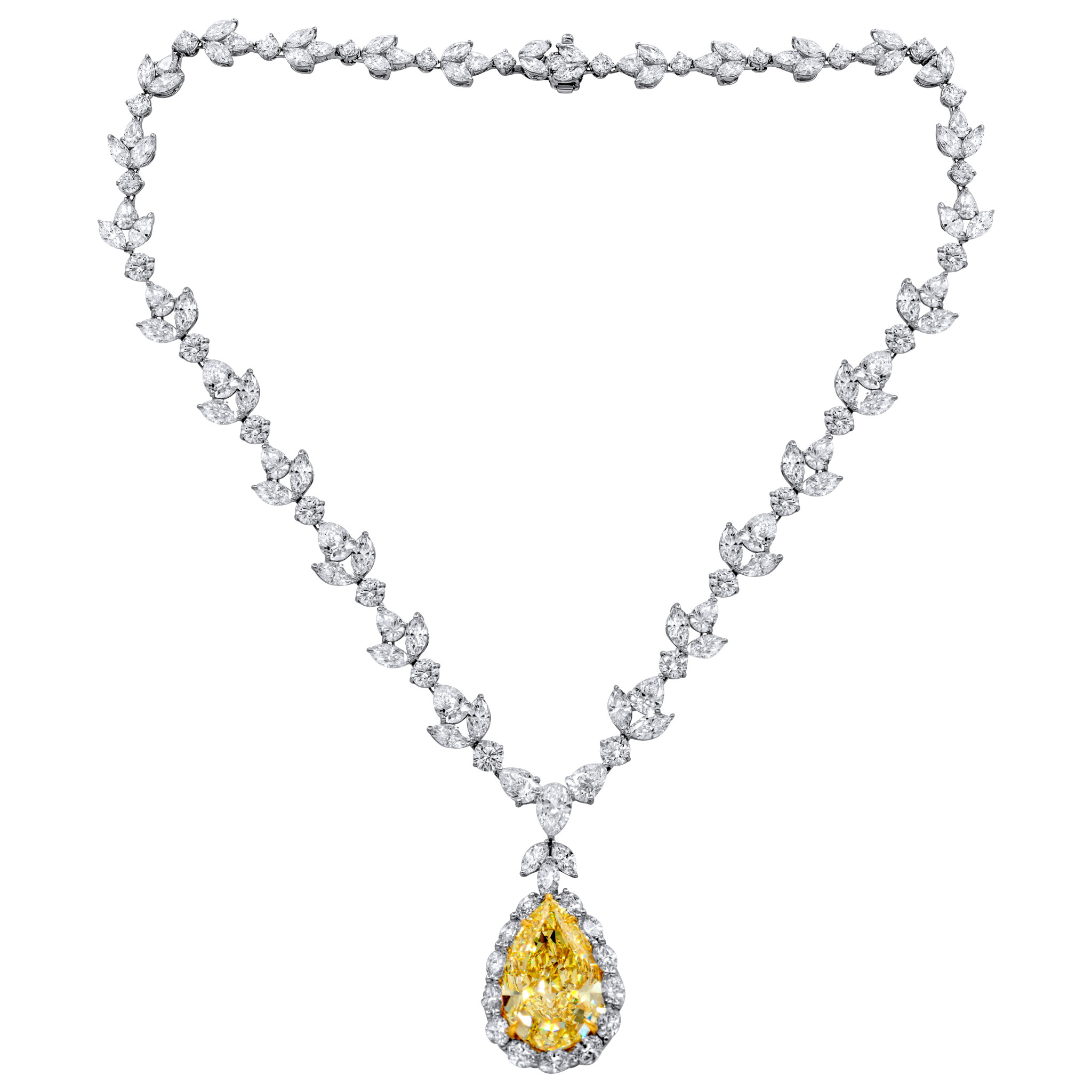 Platinum, 35.31ct Pear Shape Fancy Intense Yellow Diamond and Diamond Pendant Necklace — view 1
