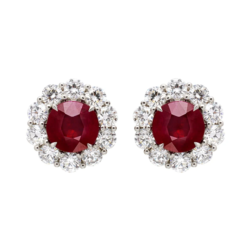 Platinum, 3.81ctw Burmese Pigeon's Blood Ruby and Diamond Stud Earrings