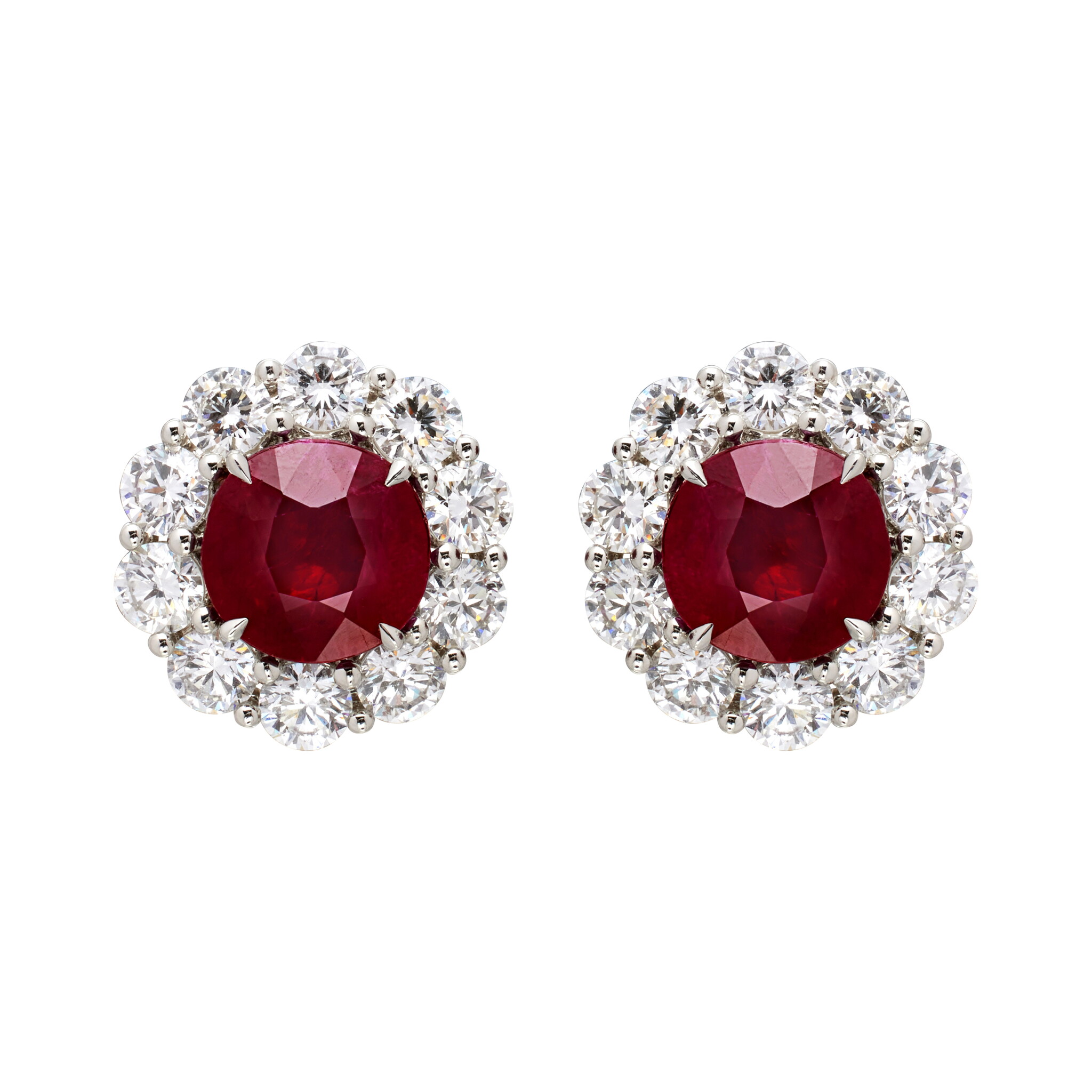 Platinum, 3.81ctw Burmese Pigeon's Blood Ruby and Diamond Stud Earrings — view 1