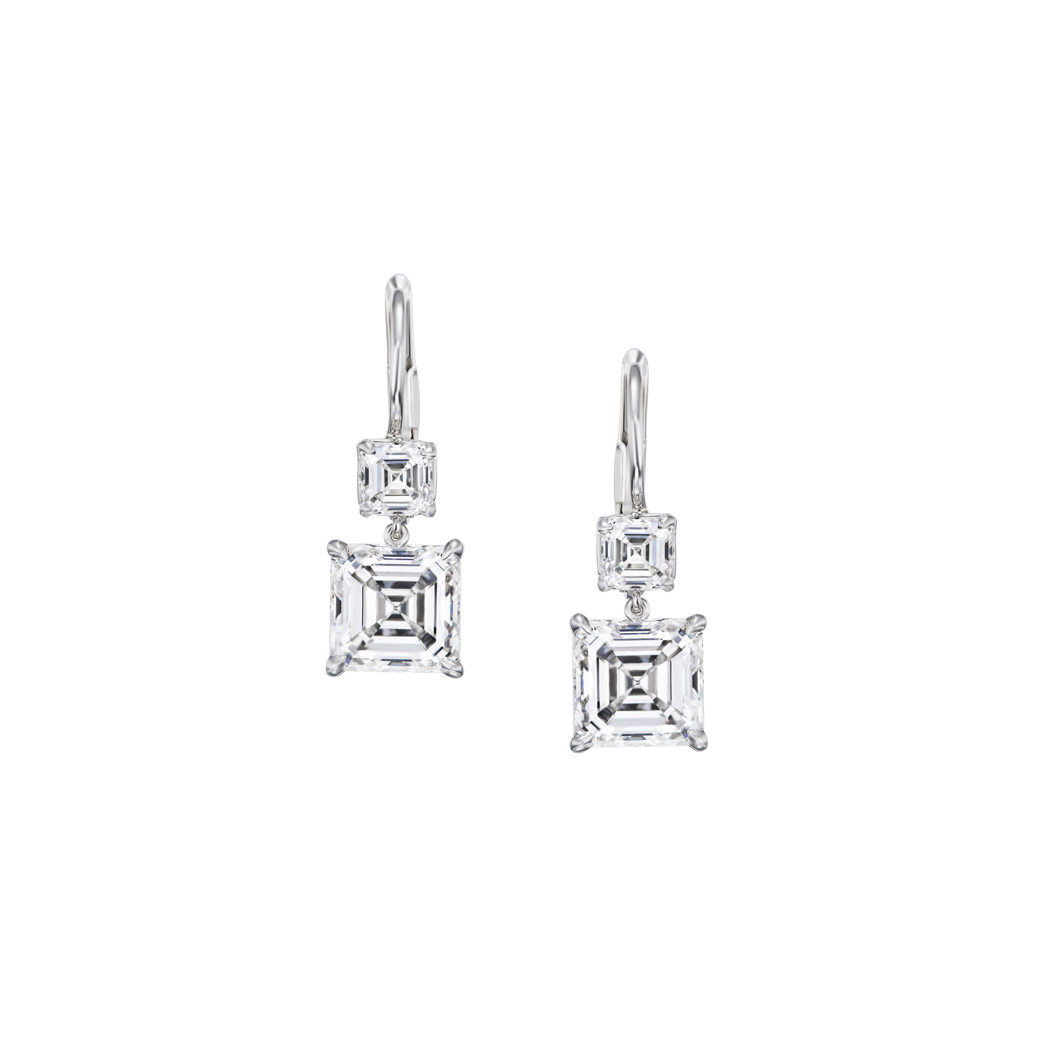 Platinum, 4.02ct Asscher Cut Diamond and Diamond Drop Earrings — view 1