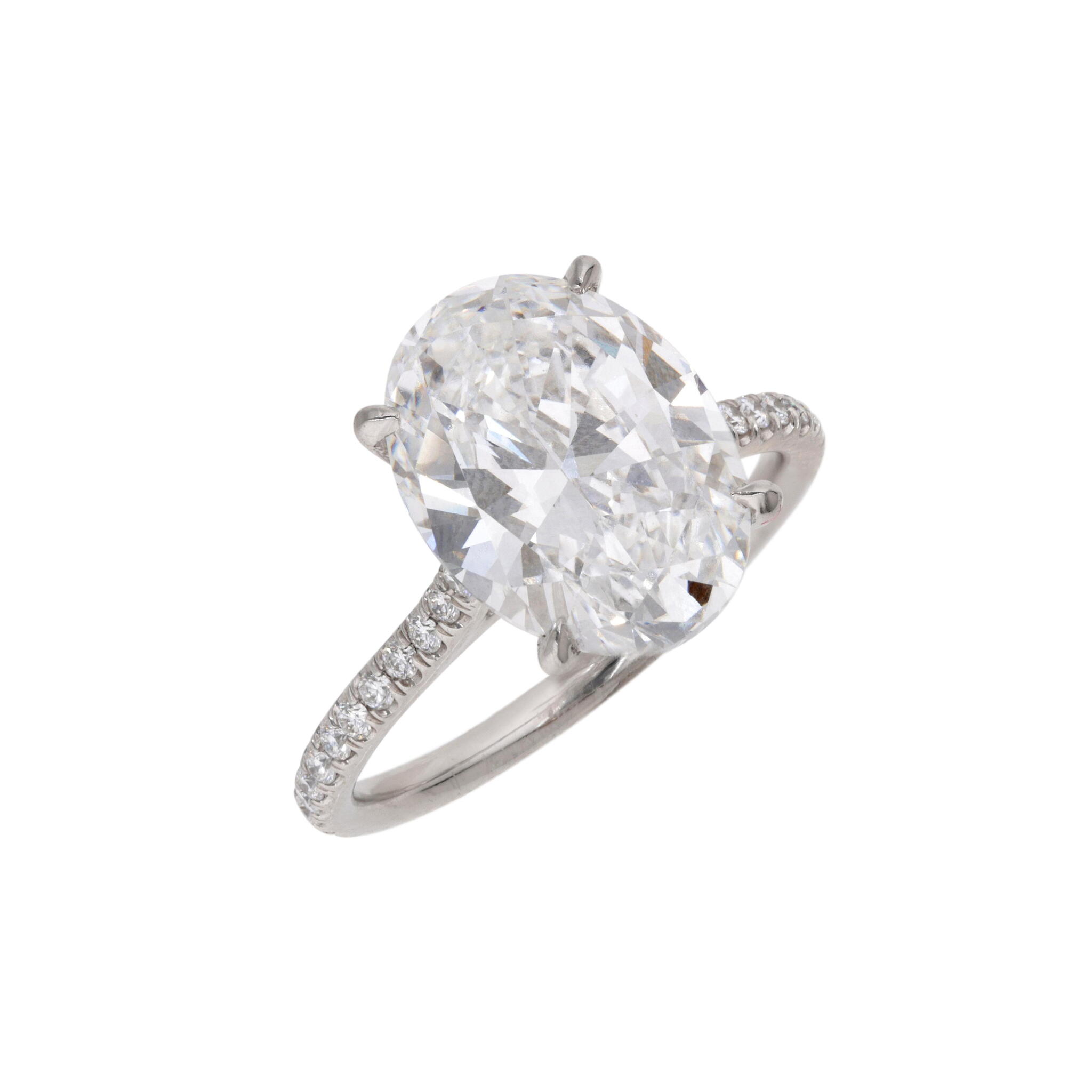 Platinum, 4.22ct Oval Cut Diamond and Diamond Engagement Ring — view 1